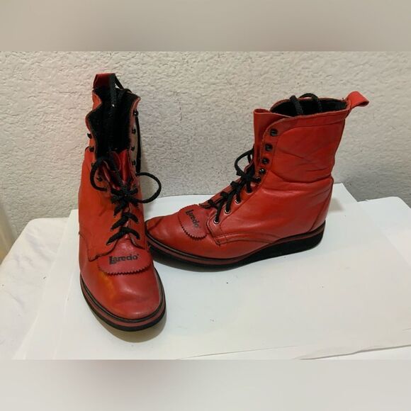 Laredo Women’s Red Western Roper Cowboy Boots Size 7 Soft Sole Lace Up - Picture 1 of 13